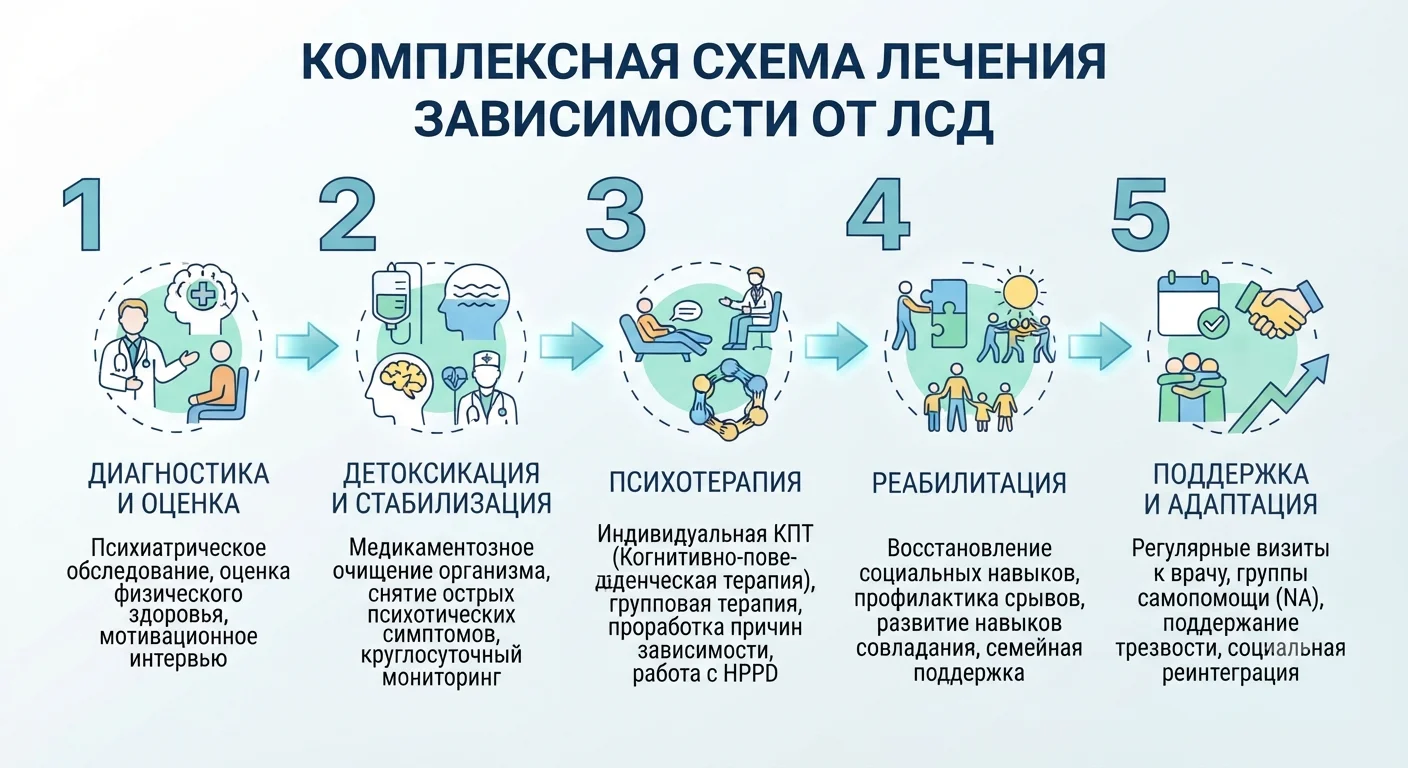 Инфографика стадии лечения зависимости от ЛСД Инфографика этапы лечения от ЛСД